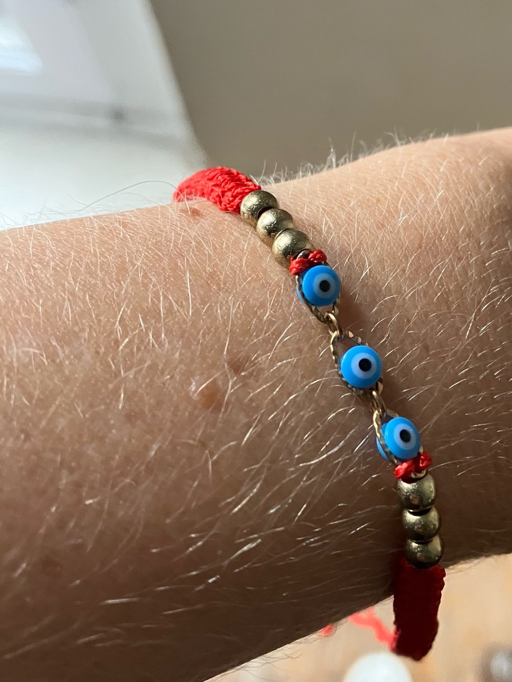 Red Macrame Evil Eye Bracelet | Adjustable (3) Round Evil Eye Charms/Gold Beads